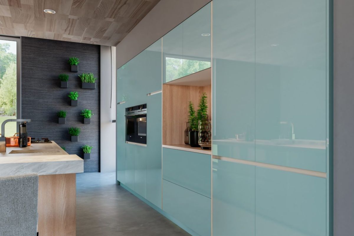 Cocina moderna ALVIC en Eurocasa con acabado alto brillo en color turquesa y diseño minimalista